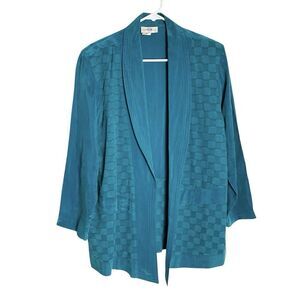 Vintage IC Fashion Silk Blazer Jacket Womens L Teal‎ Checkered Mermaid USA 90s